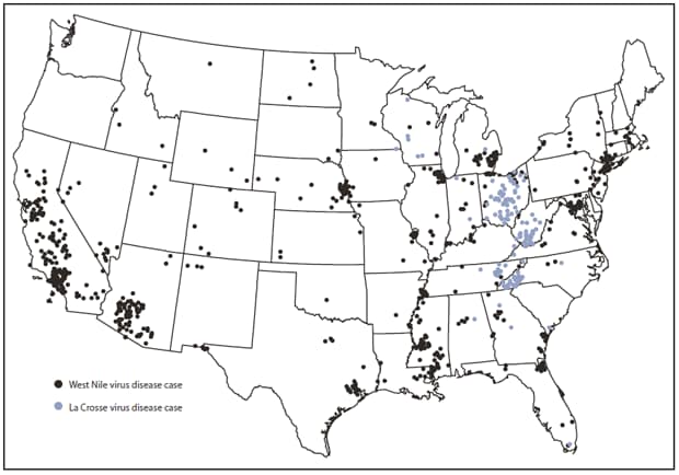The figure shows West Nile virus and La Crosse virus disease cases reported to ArboNET, by county of residence, in the United States during 2011. A total of 712 WNV disease cases were reported from 238 counties in 43 states and the District of Columbia.